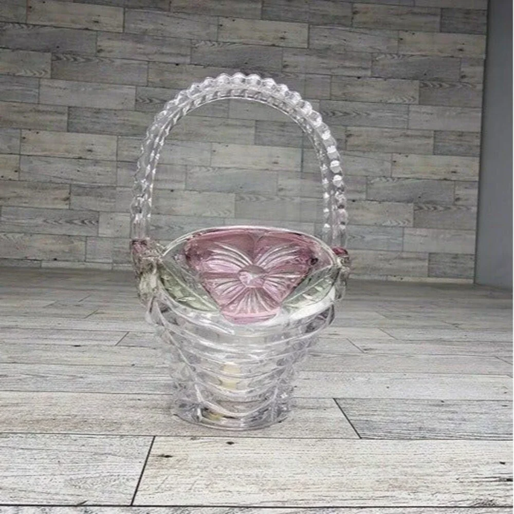 Anne Hutte Bleikristall Lead Crystal Basket 24% P.bO Made in Germany Pink/Green